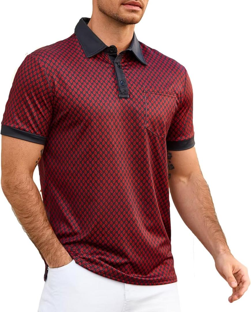 Mens Polo Shirt Short Sleeve Dry Fit Print Golf Shirts for Men Moisture Wicking Color Block Collared Shirts with Pocket (Red,XX-Large)
