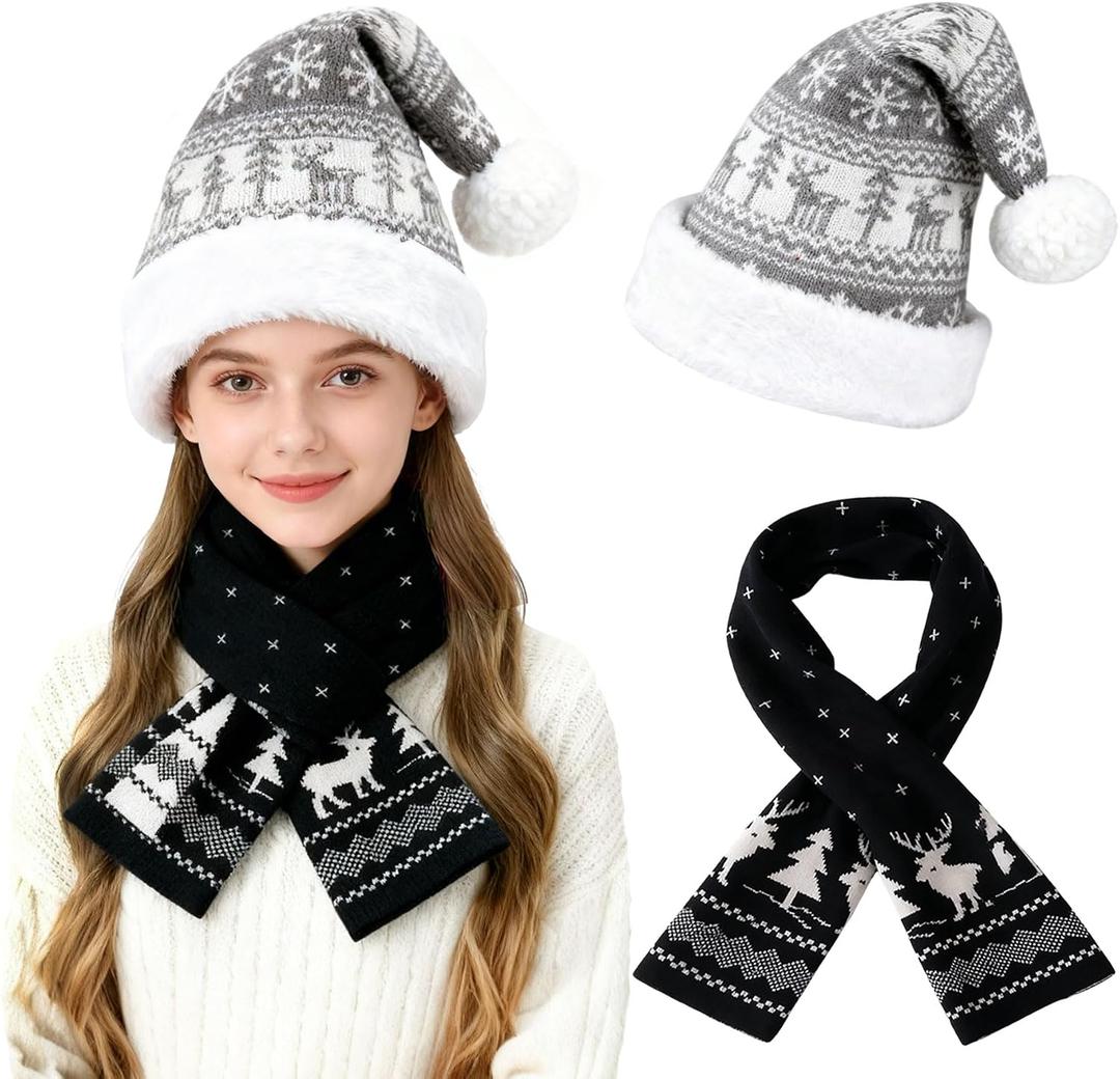 Christmas Santa Hat and Knitted Scarf, Soft Santa Costume for Adult Women Men, Christmas Party Headwear Accessories (Gray)