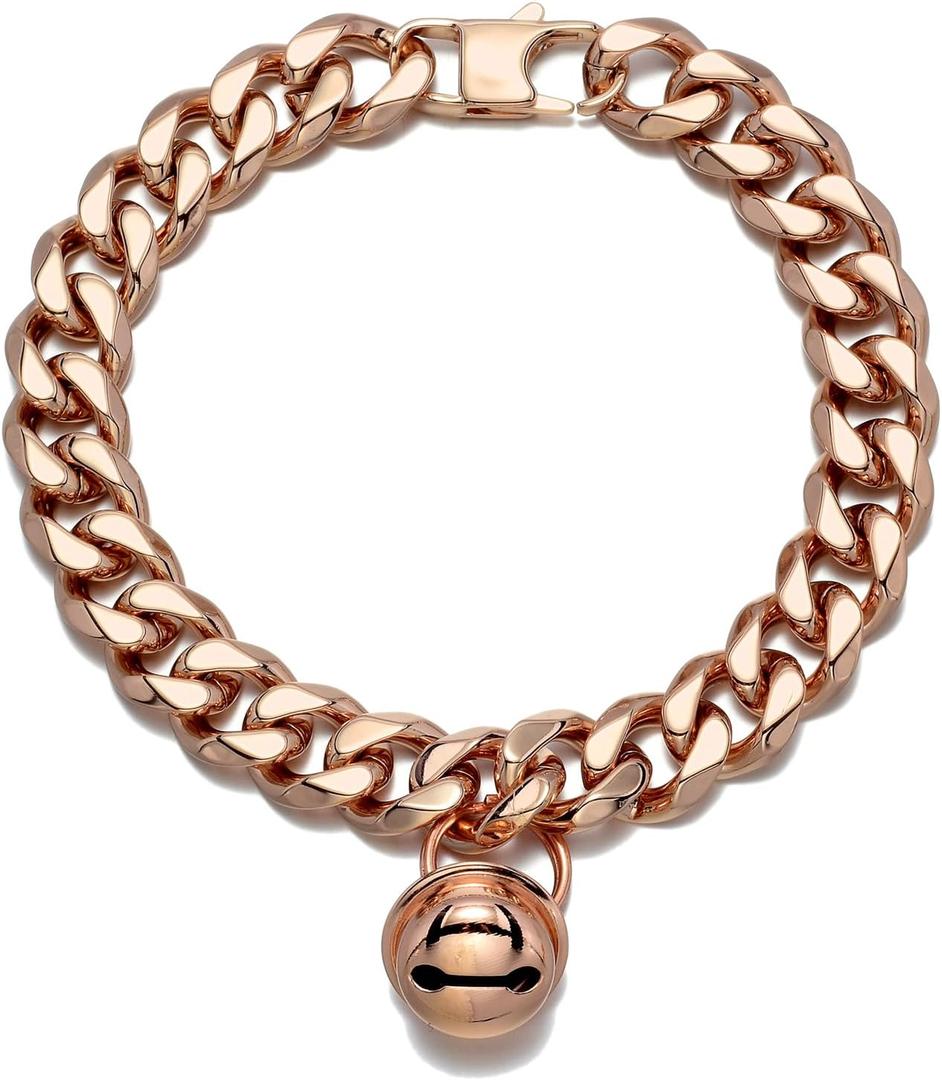 Rose Gold Cat Dog Collar Kitten Puppy Wide Stainless Steel Kitten Choker Curb Adjustable Chew Proof Cuban Link 1/2inch Chain with Rose Gold Bell Personalized Custom tag