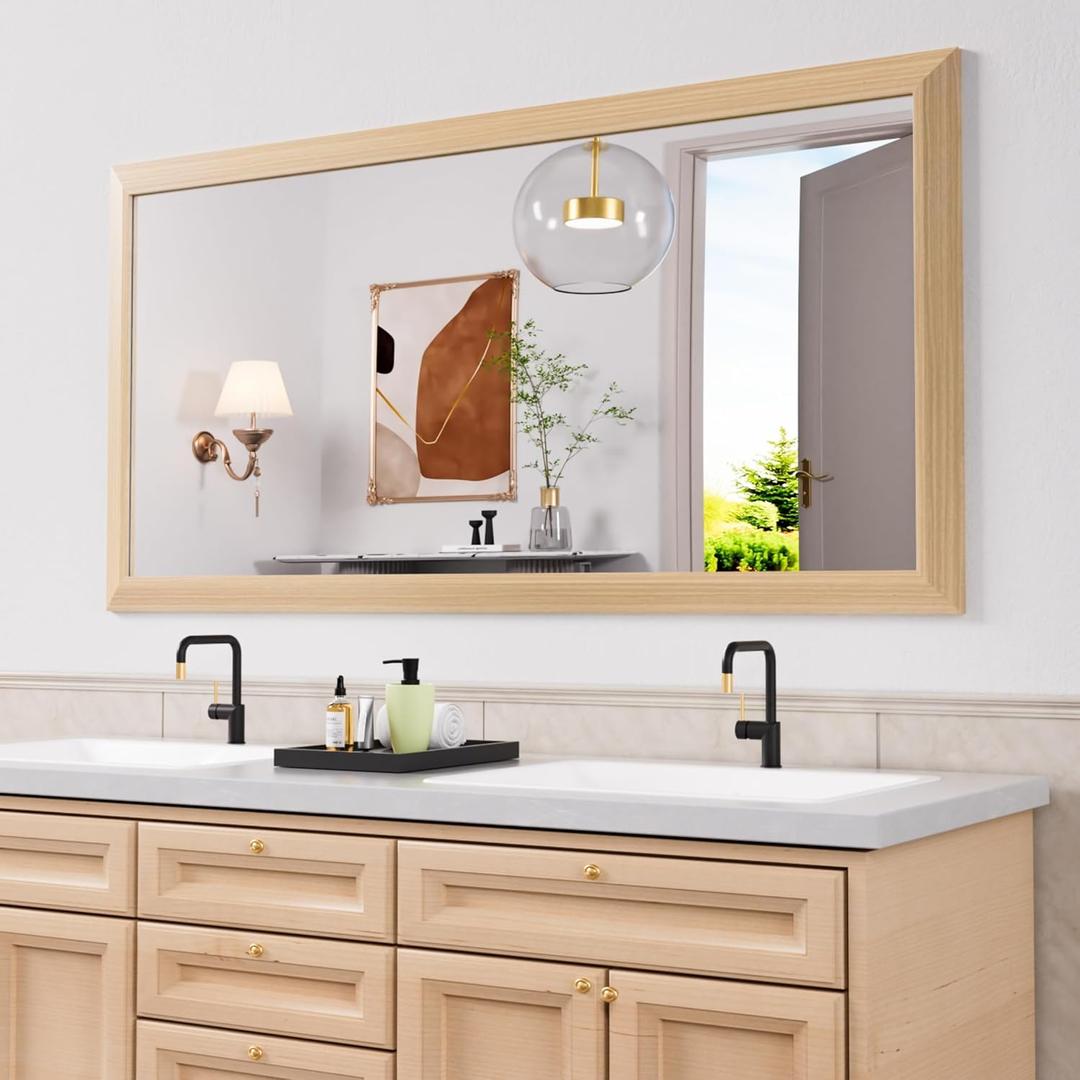 Amorho 60 X30 Inch Bathroom Mirror for Wall, Oak Wood Grain Metal Framed Mirror, Anti-Rust, Hang Horizontally/Vertically, Suitable for Bedroom, Farmhouse, Bathroom, Decorative