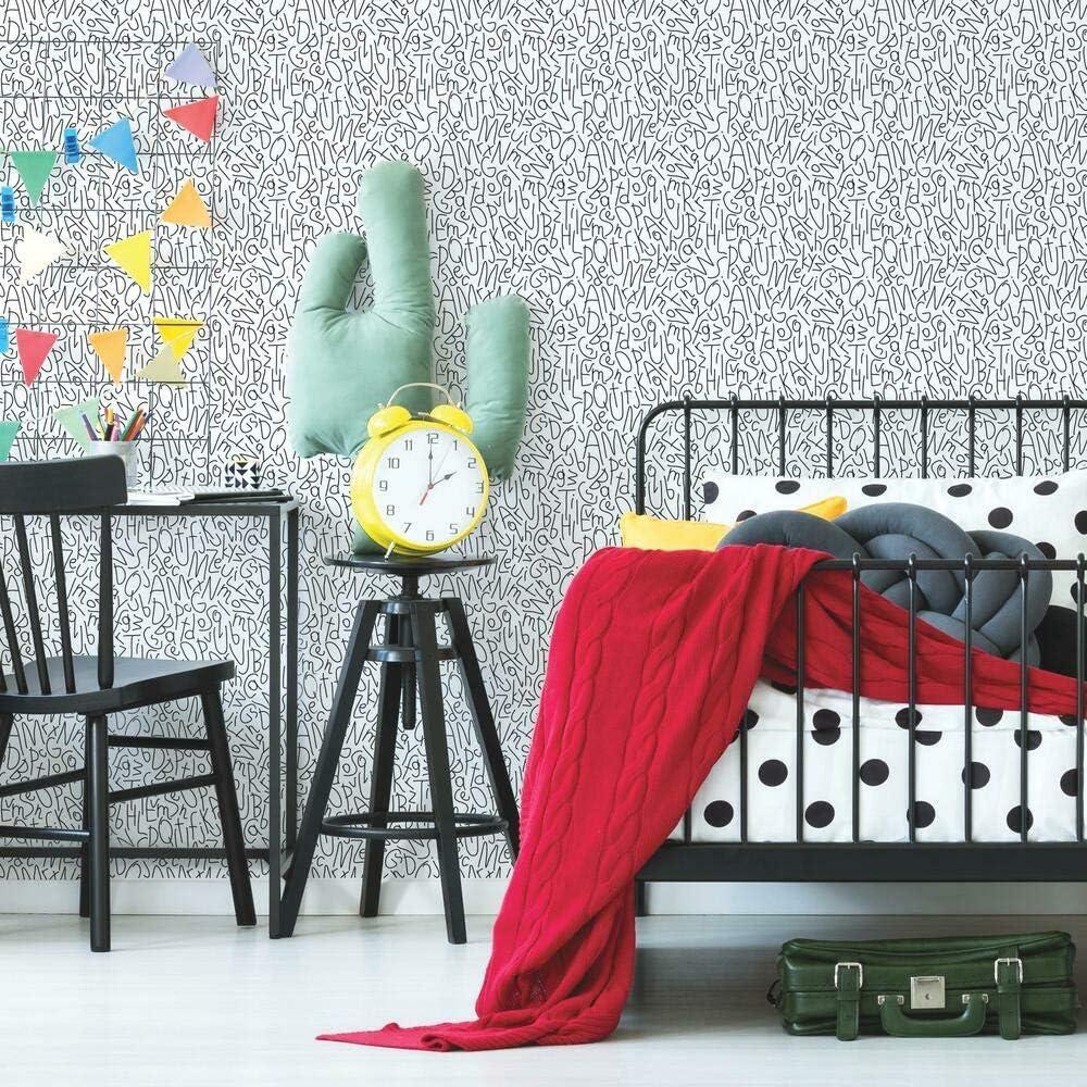 RoomMates RMK11274RL Black and White Alphabet Jumble Peel and Stick Wallpaper 18 Inch Wide x 18. 86 Feet