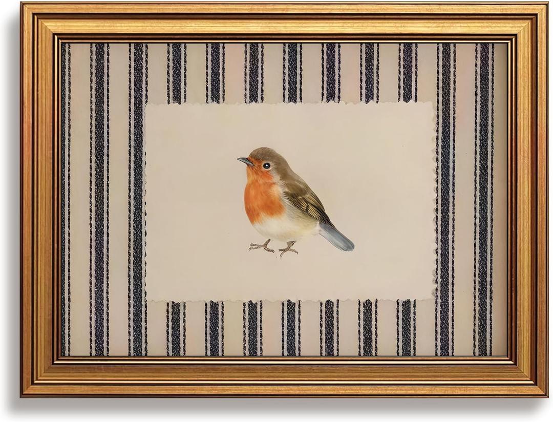 Vintage Gold Framed Bird Wall Art for Cottagecore Decor, Robin Illustration Canvas Prints, Striped Nature Artwork, Animal Oil Printings Pictures Wall Decor for Kids Room Bedroom 16x24 Inch