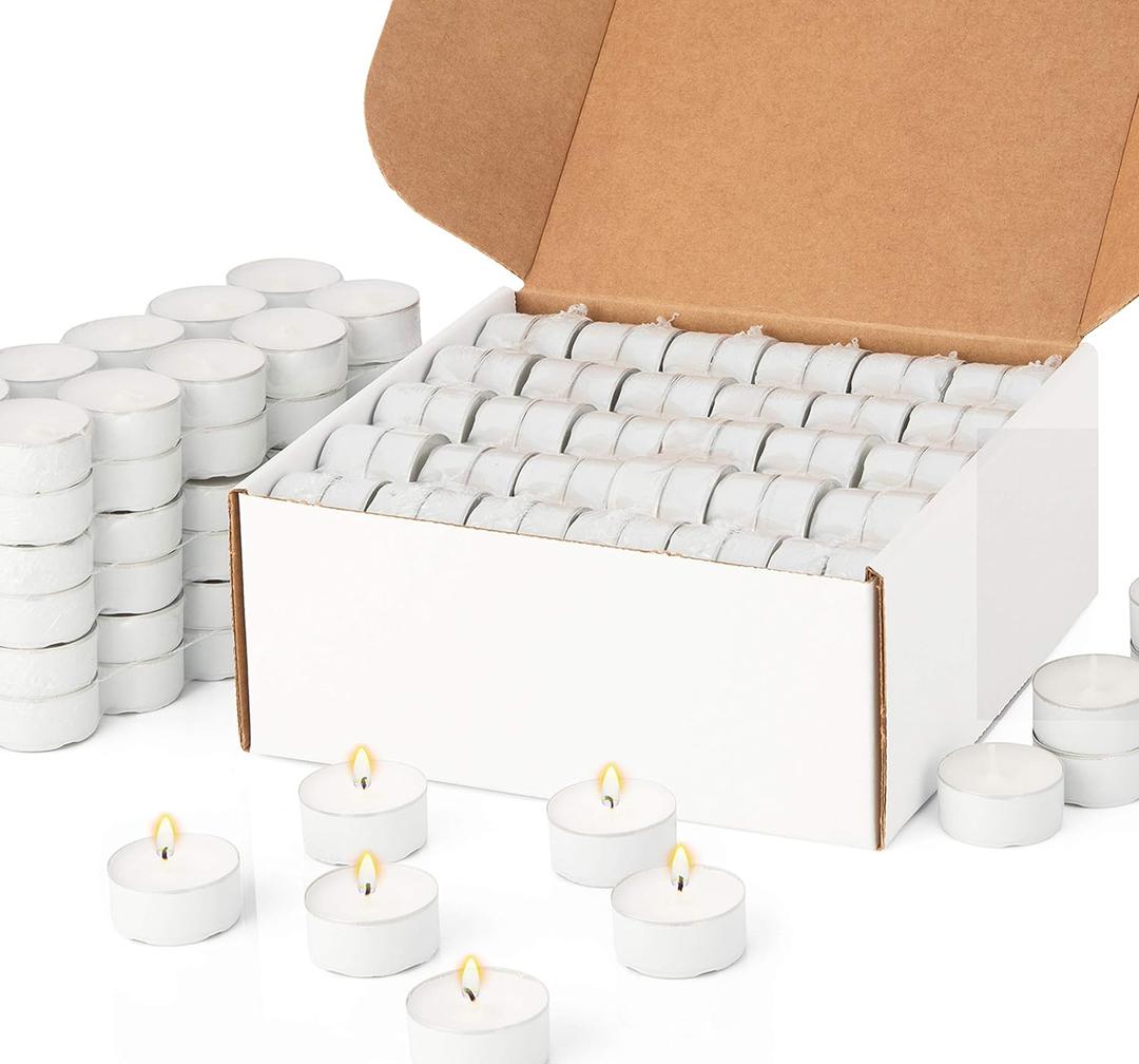 White Candles Tealights in Bulk Unscented in Festive Metallic Metal Cups for Holiday, Party, Wedding and Home Decoration Made in USA