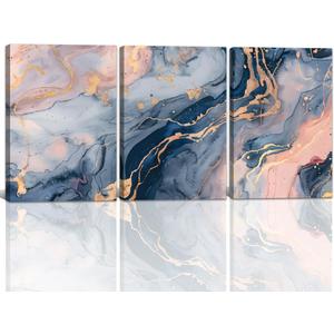 Abstract Canvas Wall Art 3 Piece Blue Pink and Gold Picture Prints Fluid Marble Texture Paintings for Living Room Bedroom Bathroom Decor Framed(Abstract-5,16.00" x 24.00" x 3Pcs)