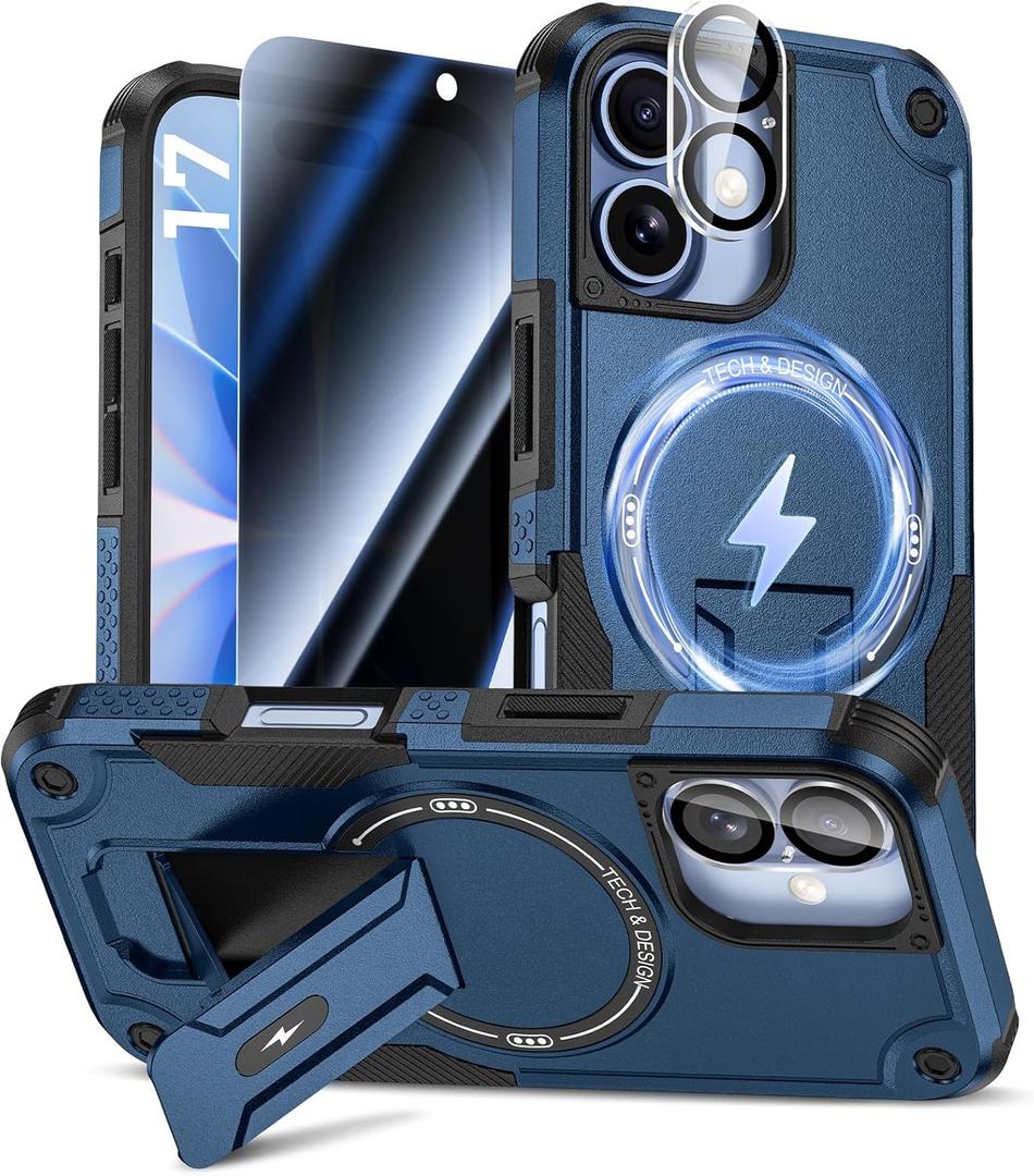 Goton for iPhone 17 Case with Privacy Tempered Glass Screen Protector & Camera Lens Protector, Compatible with MagSafe, Invisible Kickstand, Shockproof Phone Cover, Blue