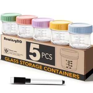 RowinsyDD 5 Pack Glass Baby Food Storage Containers, 4 oz Leakproof Baby Food Jars with Lids, Small Glass Food Containers for Infant Baby, Freezer & Microwave Safe, BPA Free