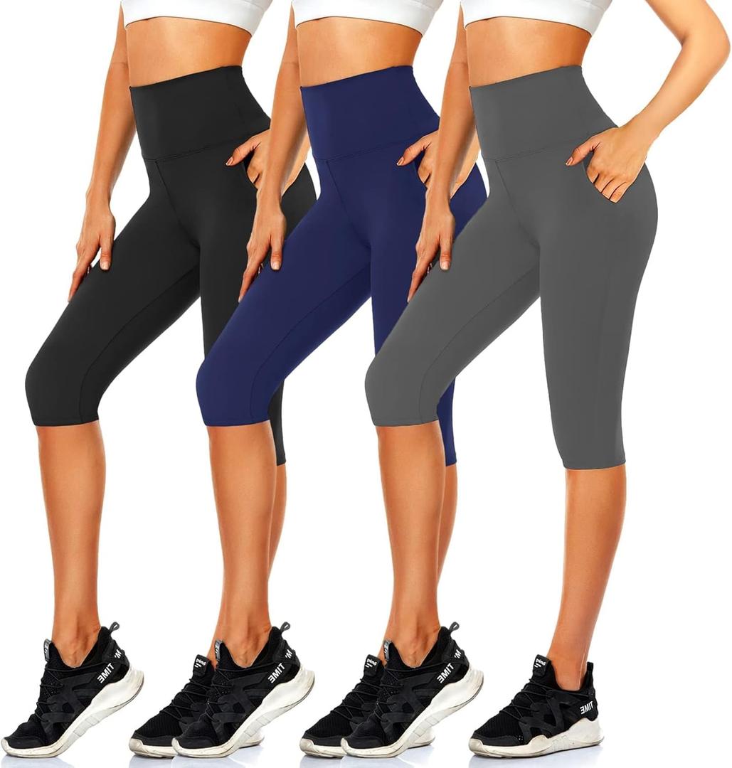 CTHH 3 Pack Capri Pants with Pockets - High Waisted Knee Length Yoga Leggings, Workout Biker Shorts for Women Running Summer (Small-Medium, Black/Gray/Navy)