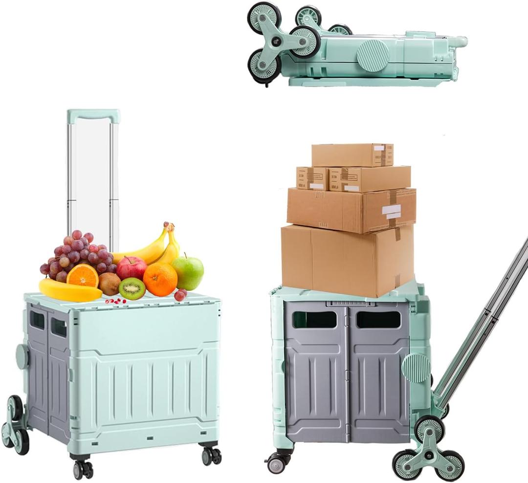 Foldable Utility Cart,Folding Portable Rolling Crate Handcart with Lid,Collapsible Aluminium Alloy Telescoping Handles,8 Wheels for Travel Shopping Climbing Stairs Moving Storage Office Use (Green)