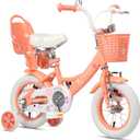 Glerc Girls Bike for 3-5 Years Old Children, Princess Style Kids Bicycle with Doll-Seat & Basket & Training Wheels, Peach