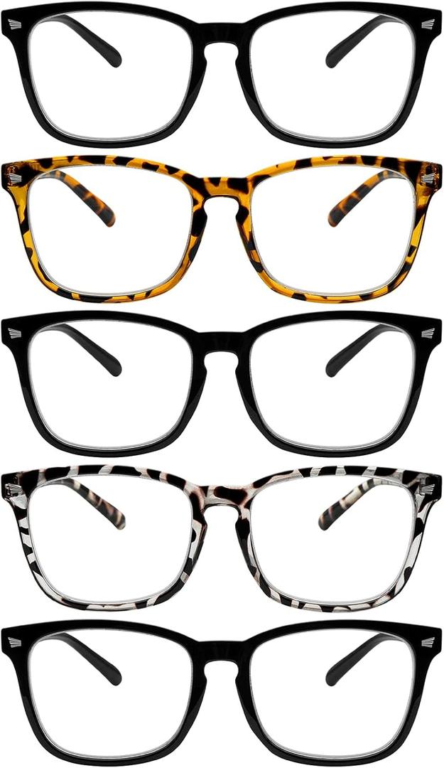 5 Pack Blue Light Blocking Reading Glasses Fashion Square Computer Readers for Women Men, Anti UV Ray Nerd Eyeglasses (5C B, 1.25)