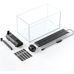 Pawfly 5 Gallon Fish Tank Ultra Clear Rimless Glass Aquarium Kit with Extendable LED Light Internal Filter Magnetic Brush & Thermometer Stickers Rectangular Glass Fish Tank Kit for Betta Shrimp Plants