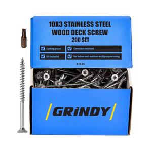 #10 x 3 Stainless Steel Wood Screws by Grindy (200pack/3.3LBS)  Self-Drilling Deck Screws I Rust Resistant I Quick Drive & Fast Grip I for Cabinet, Furniture & Other Projects I Bit Included