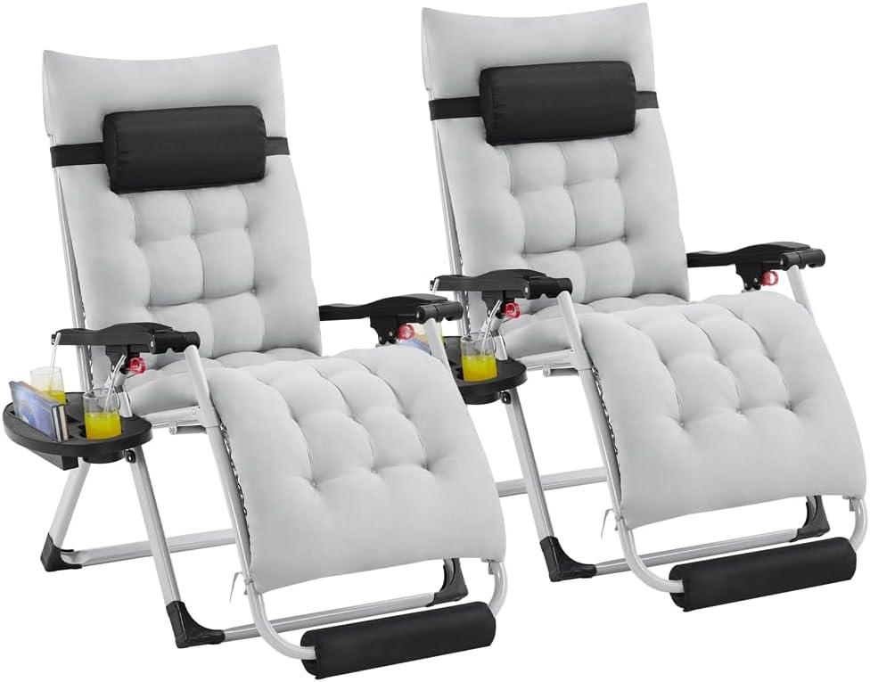 Yaheetech 26in Zero Gravity Chair Set of 2 Reclining Outdoor Sun Lounge Chairs w/Removable Cushion, Cupholder, Headrest and Footrest for Indoor and Outdoor - Gray (Grey)