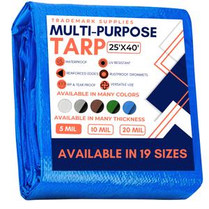 Large Waterproof Tarp - Heavy Duty 5 Mil Thick Poly Tarpaulin Ideal for Canopy Tents, Boats, RV or Pool Covers - Multipurpose Protective Tarps with Grommets for Indoor and Outdoor Use | 25' x 40'
