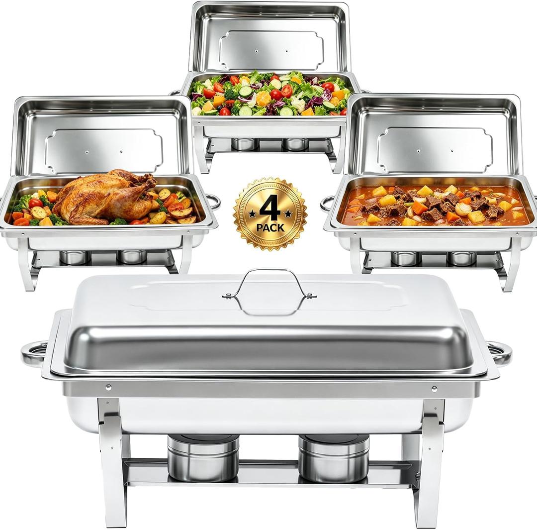 9QT Chafing Dishes for Buffet 4 Pack with 4 Full-Size Pans Silver