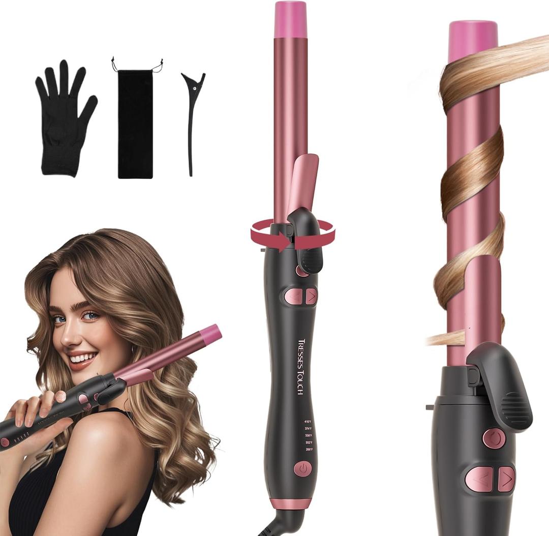 Extra-Long Barrel Rotating Curling Iron with Short Clamp, Automatic Curling Iron 1 Inch Creates Loose Curls  for Medium and Long Hair, High Heat 410F, Instant Heat up, Double Ceramic, Dual Voltage (Rose Gold)
