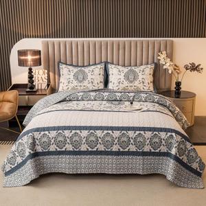 Bohemian Queen Size Quilt Comforter Sets 3 Pieces Quilts (1 Quilt, 2 Pillow Shams) Nordic Bedding Set Printed Coverlet with Pillowcase Lightweight Bedspread Set for All Seasons(Dark Blue)
