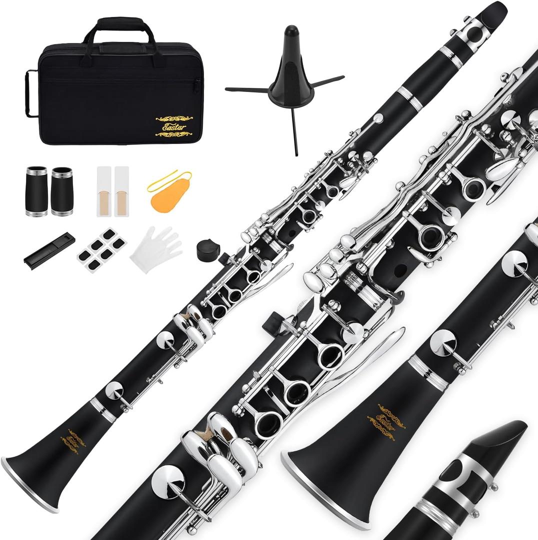 Eastar B Flat Clarinet for Beginner, Ebonite Clarinet Nickel-plated with 2 Barrels, 3 Reeds, White Gloves, Hard Case, Cleaning Kt, ECL-300 Eastar B Flat Clarinet for Beginner, Ebonite Clarinet Nickel-plated with 2 Barrels, 3 Reeds, White Gloves, Hard Case, Cleaning Kt, ECL-300
