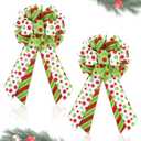 2 Pack Red Green Christmas Bows for Wreaths, Pre-Assembled 10 x 18 Inch Large Christmas Tree Topper Bow Ribbon Xmas Decorations Glitter Polka Dots Ornaments for Trees Garlands Indoor Outdoor Decors