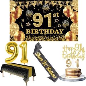 91st Birthday Decorations Men Women with 91st Birthday Banner, Black and Gold Table Cloth, Number Balloons, Large Sash, Cake Topper and Candles