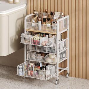 Rolling Makeup Cart Organizer with 4 Drawers, Floor Skincare Organizers with Wheels, Cosmetics Display Cases, Storage Cabinet for Skin Care Perfume Nail Polish, White (Patent Pending)