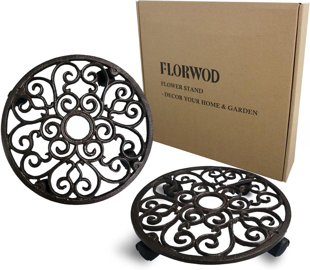 2pcs Heavy Duty Cast Iron Flowerpot Holder Plant Caddy 11 inch, Flower Stand Round Planter Holder with 4pcs 360° Caster Wheels - Rustic Dark Brown