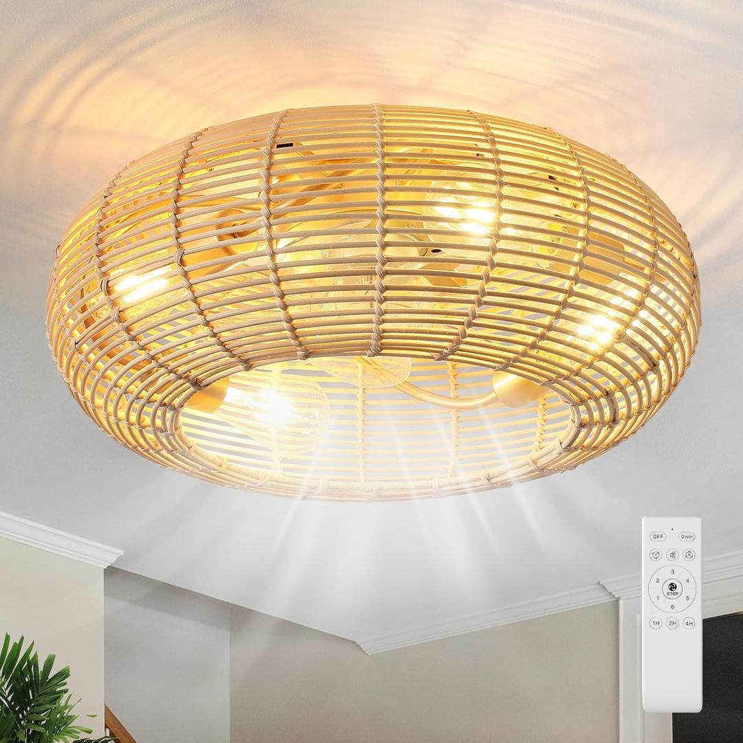 20" Caged Ceiling Fan with Light and Remote, Boho Ceiling Fan with Light Flush Mount Rattan Fandelier Bedroom Ceiling Fans Low Profile, 6 Speed, Reversible for Living Room, Kitchen (4*E26 Base)