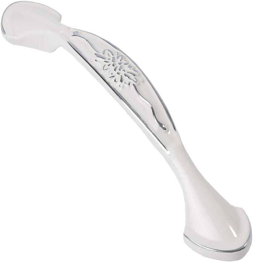 Solid Ivory Cabinet Hardware Handle Pull Lustrous Chrome Silver Flower Dresser Wardrobe Pull - 3.78" (96mm) Hole Centers, 5 Pack, Silver and Ivory