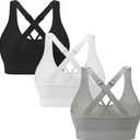 3-Pack Criss-Cross Strappy Sports Bras for Women - Padded High Impact Seamless Yoga Exercise Athletic Bra (Black Lightgrey White)