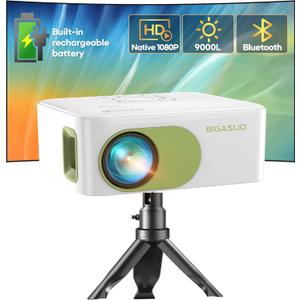 BIGASUO HD 1080P Projector with Recharged Battery Powered - Mini Portable Projectors with Tripod, Projecyor for Outdoor Movie