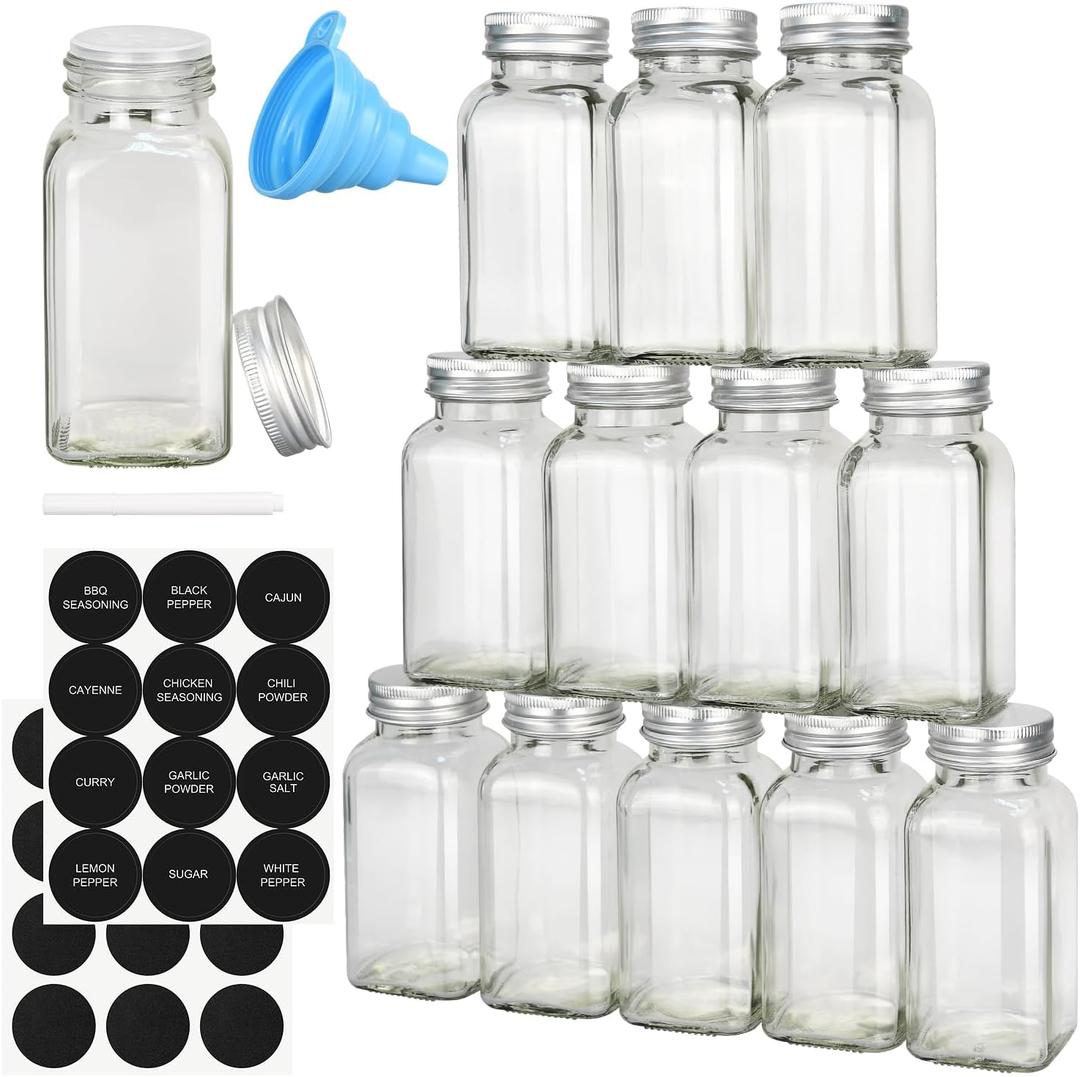 DkOvn 12pcs Glass Spice Jars with Labels, 6oz Empty Spice Jars with Mental Caps, Shaker Lids, Collapsible Funnel, Chalk Pen, Seasoning Organizer for Spice Rack
