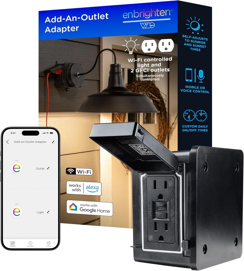 Enbrighten Vibe Add-an-Outlet Light Adapter, Smart Outdoor Outlet with Two GFCI Outlets for Porch Lights, Security Cameras, Direct Wire, Compatible with Alexa, Google Assistant, Black, 80753