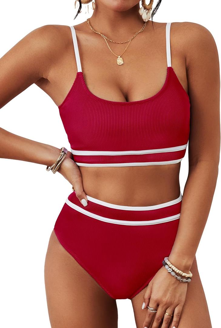 BMJL Women's High Waisted Bikini Ribbed Two Piece Swimsuit High Cut Color Block Adjustable Straps Bathing Suit (Red029), S BMJL Women's High Waisted Bikini Ribbed Two Piece Swimsuit High Cut Color Block Adjustable Straps Bathing Suit (Red029), S