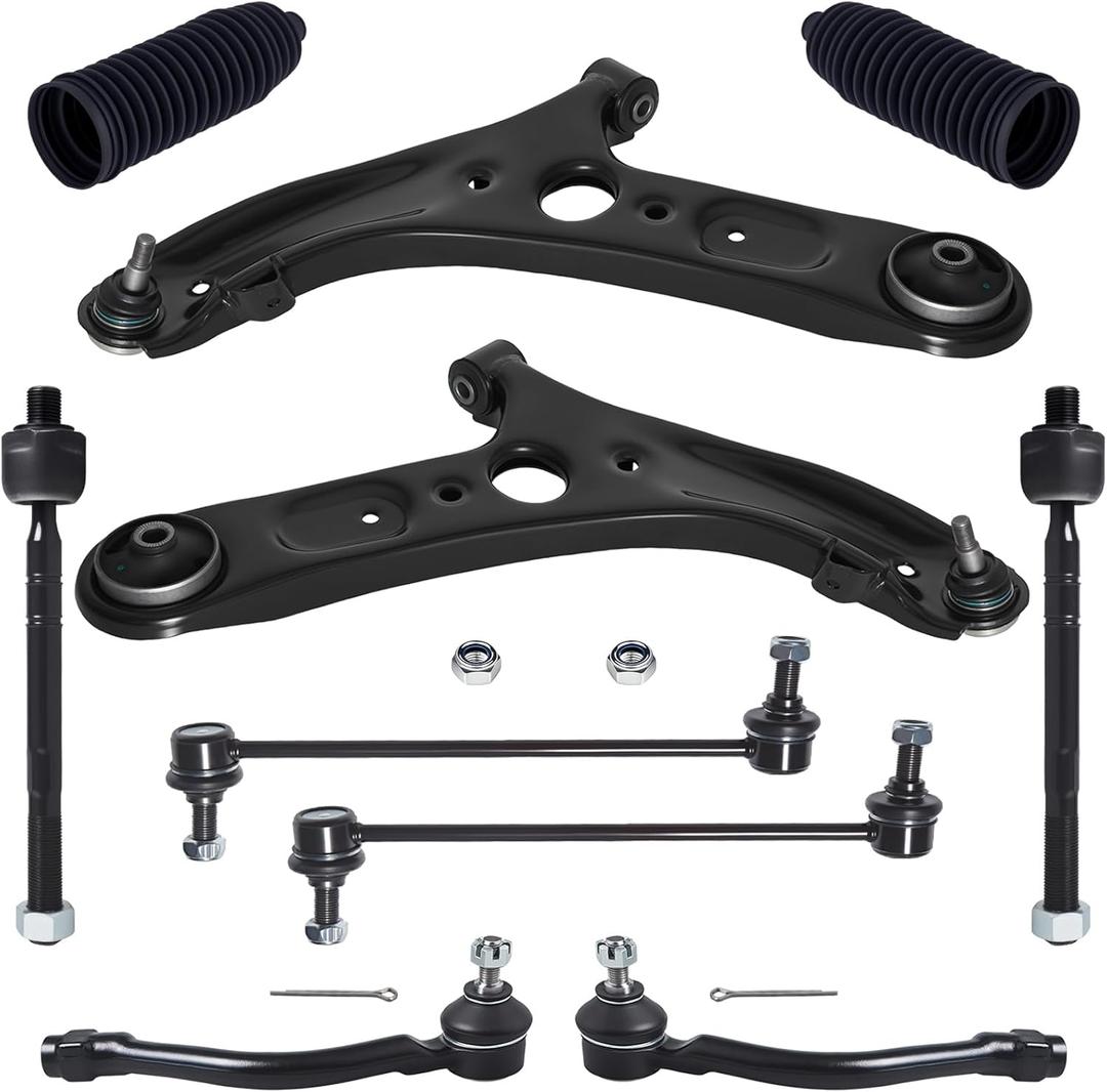 TUCAREST 10Pc Suspension Kit Fit For 11-16 Hy-undai Elantra Sedan, 12-17 Veloster, 2 Front Lower Control Arm w/Ball joint 4 Outer Inner Tie Rod 2 Sway Bar 2 Boots [# K622232 K750523 EV800886 ES801074]