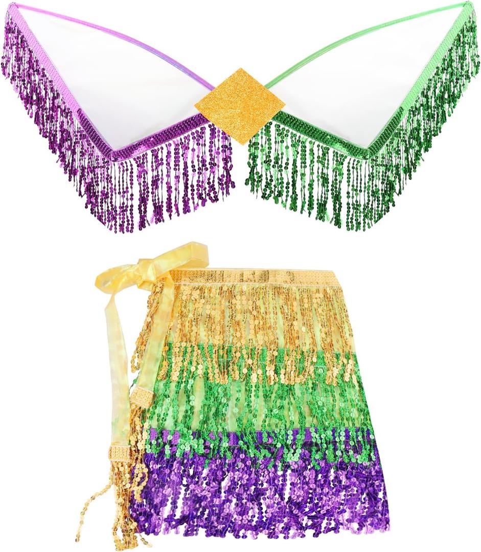 Hying Mardi Gras Costume Accessory Fat Tuesday Fairy Wings Sequin Costume Wings Skirts Outfits for Women Carnival Party (Style 1: Tricolor Set)