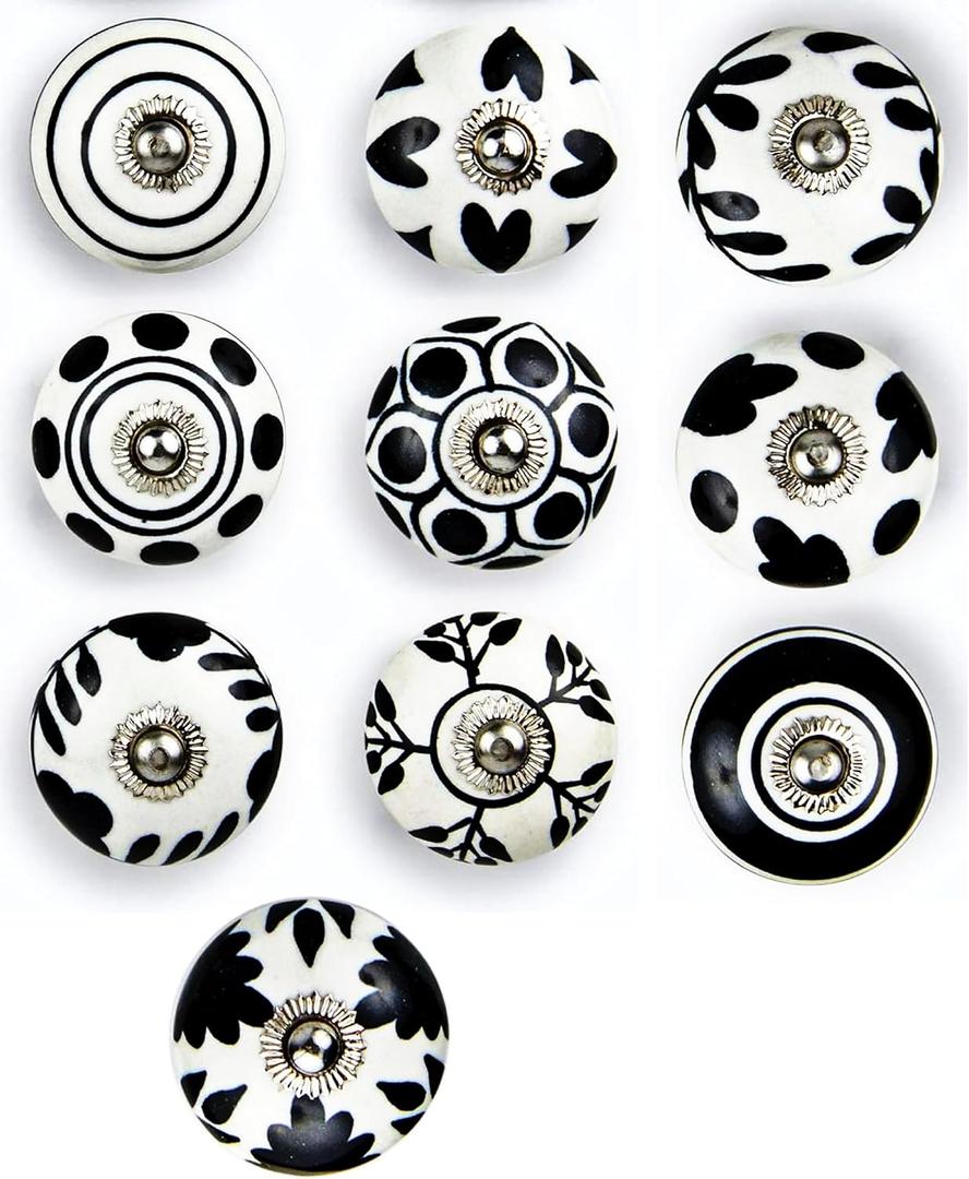 Set of 10 Ceramic Cabinet Colorful Knobs for Kitchen, Cabinet, Drawer, Wardrobe (Black & White)