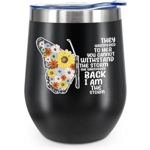 KAIRA Floral Butterfly 12oz Wine Tumbler with Lid, Inspirational Coffee Mug for Women, Stainless Steel Insulated Cup, Gift for Mom Sister Friend