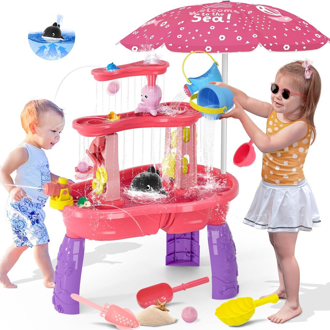 Water Table for Toddlers 3-5, 3-Tier Auto Water-Absorbing Kids Sand Water Table with Water Pump & Umbrella Splash Pond Toy, Sensory Play Table Toys for Outdoor Pool Beach Backyard Summer (Pink）