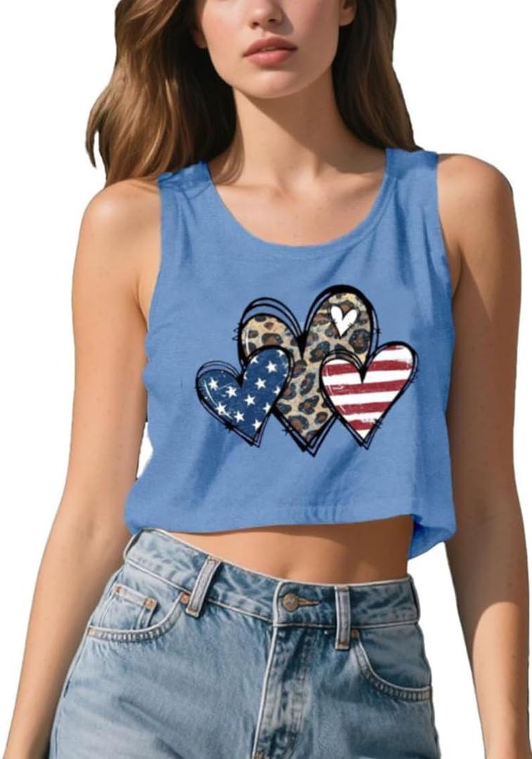 Womens 4th of July Shirt USA Flag Crop Tank Tops Patriotic Sleeveless Independence Day Graphic Tee (Blue, XL)