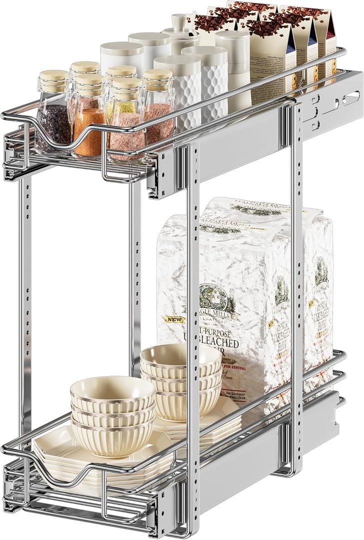 DINDON Pull Out Cabinet Organizer (7-1/2" W x 21-1/2"D), Cabinet Pull Out Shelves, 2 Tier Pull Out Drawers for Kitchen Cabinets, Wire Basket Slide Out Shelf for Cabinet Organization (Chrome)