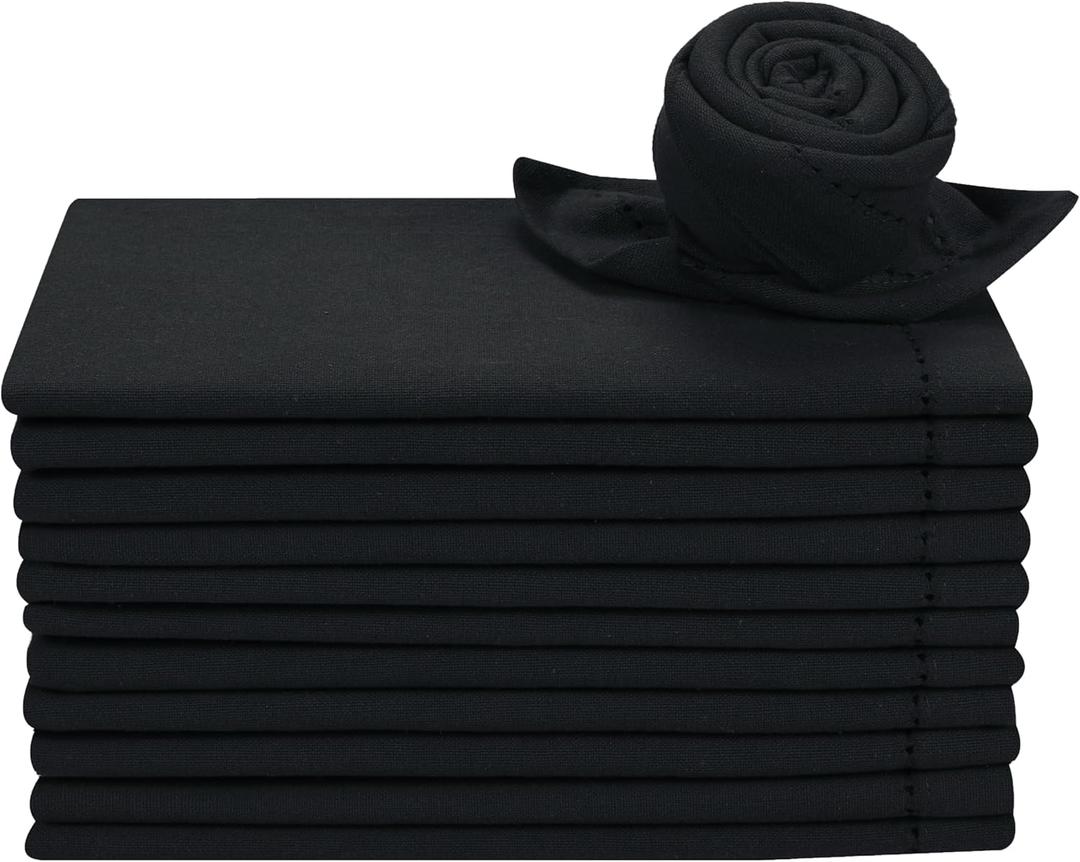 Cotton Cloth Napkins Set of 12 - Hemstitched 18x18 Inch Decorative Soft Durable Washable Reusable Perfect for Dining Table Dcor Farmhouse Christmas Dinner Party Wedding & Everyday Use - Black