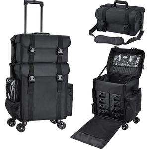 Stagiant Professional Rolling Makeup Case Soft Sided Cosmetology Organizer Wheeled Nylon Train Case Portable Travel Supply Station for Makeup Artist Nail Technician Hair Stylist Crafters (EXP 10/29/34)