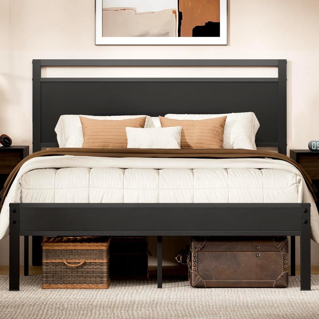 Easy to Assemble Queen Bed Frame with Wood Headboard & Footboard, Tool-Free Metal Platform Bed Frame, Upgraded Heavy Duty Sturdy Foundation, No Noise, No Box Spring Needed,Large Under Storage, Black