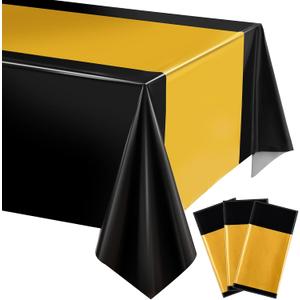 Tatuo 3 Pcs Plastic Tablecloth Set Disposable Rectangle Table Cover and Table Runner for Graduation Baby Shower Bride Shower Party Birthday Wedding Anniversary Picnic Decoration (Black and Gold)