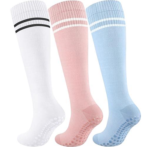 Blicount Compression Socks Women&Men Cotton with Grips Non-Slip 15-20 mmHg Knee High Support Sock for Nurse, Pregnant Women, Travel, Yoga, Pink, White, Blue, Size L-XL
