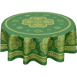 St. Patrick's Day Round Tablecloth 60 Inch Leaf Clover Pattern Circle Table Cloth Green Shamrock Table Cover Washable Polyester Indoor Decorations for Home Kitchen Dinning Party