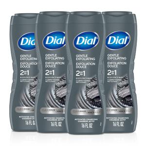 Dial Men 2 in 1 Body and Face Wash, Activated Charcoal, 16 Fl Oz, Pack of 4, Gentle Exfoliating Body Wash with Clean Rinse Technology