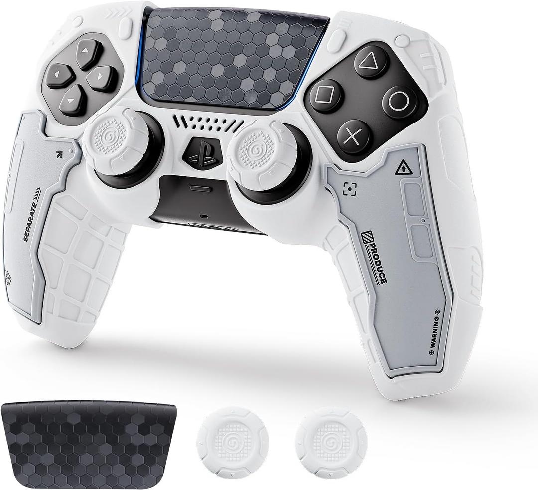 Geekshare G.S.TAC Tactical Compatible with PS5 Controller Skin Set, Tactical Silicone Cover for PS5 Wireless Controller with 2 Thumb Grips & 2 Stickers for Monster Hunter Wilds - White