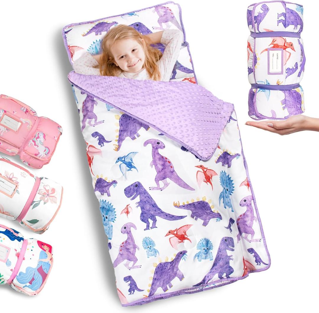 Primlect Thickened Toddler Nap Mat with Removable Pillow and Minky Blanket, Extra Large 55''x35'' Sleeping Bag, Washable, Roll up, Perfect for Daycare, Preschool, Kindergarten, Boys and Girls Dinosaur (purple)