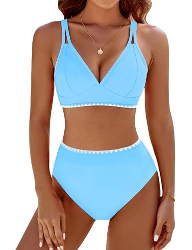 BMJL Women's Bikini Sets V Neck High Waisted Swimsuits Shell Stitched Cheeky Two Piece Bathing Suit(M,Light Blue)